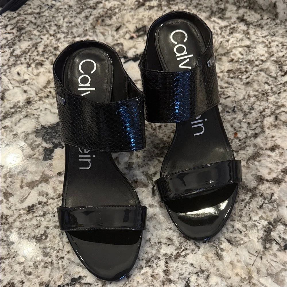 Calvin Klein Black Patent & Snake-Texture Heel Sandals - Picture 2 of 9